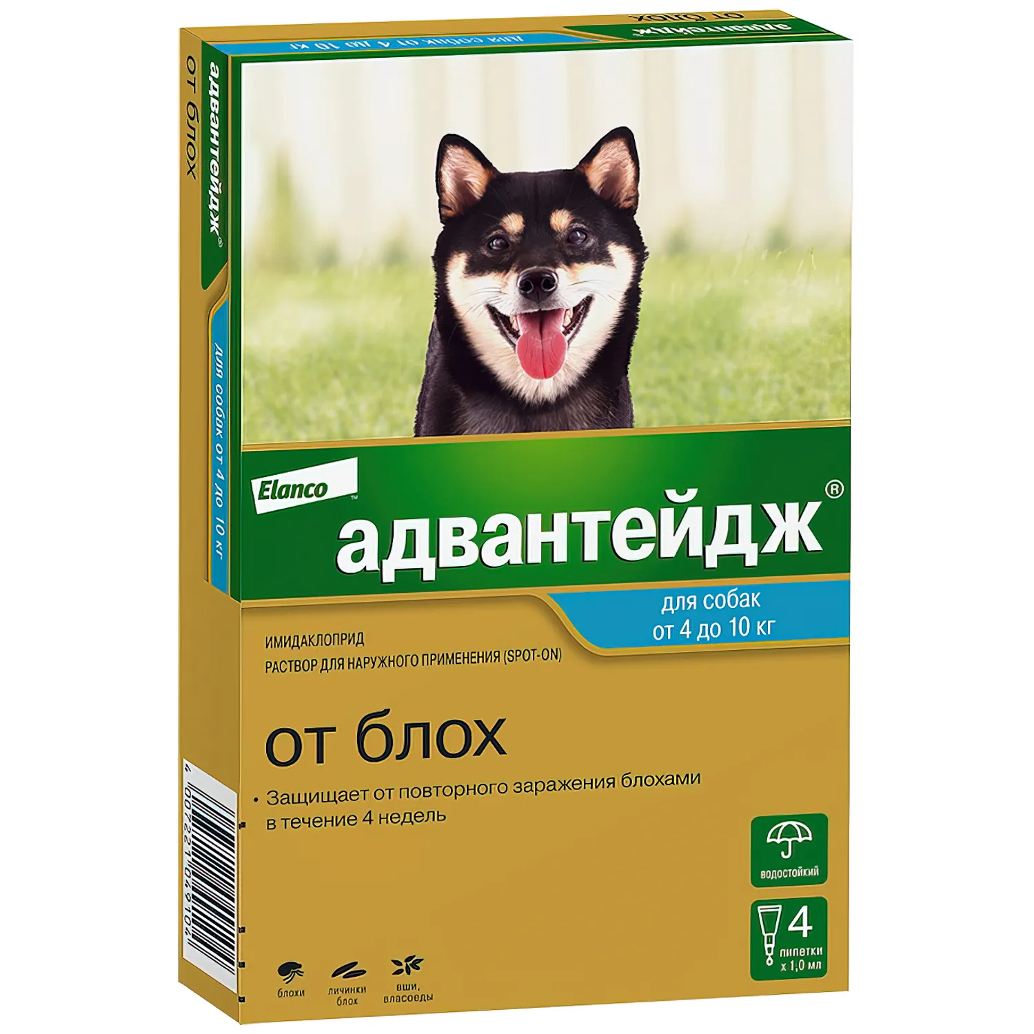 Bayer Адвантейдж 100 капли для собак 4-10 кг от блох (4 пипетки х 1 мл)