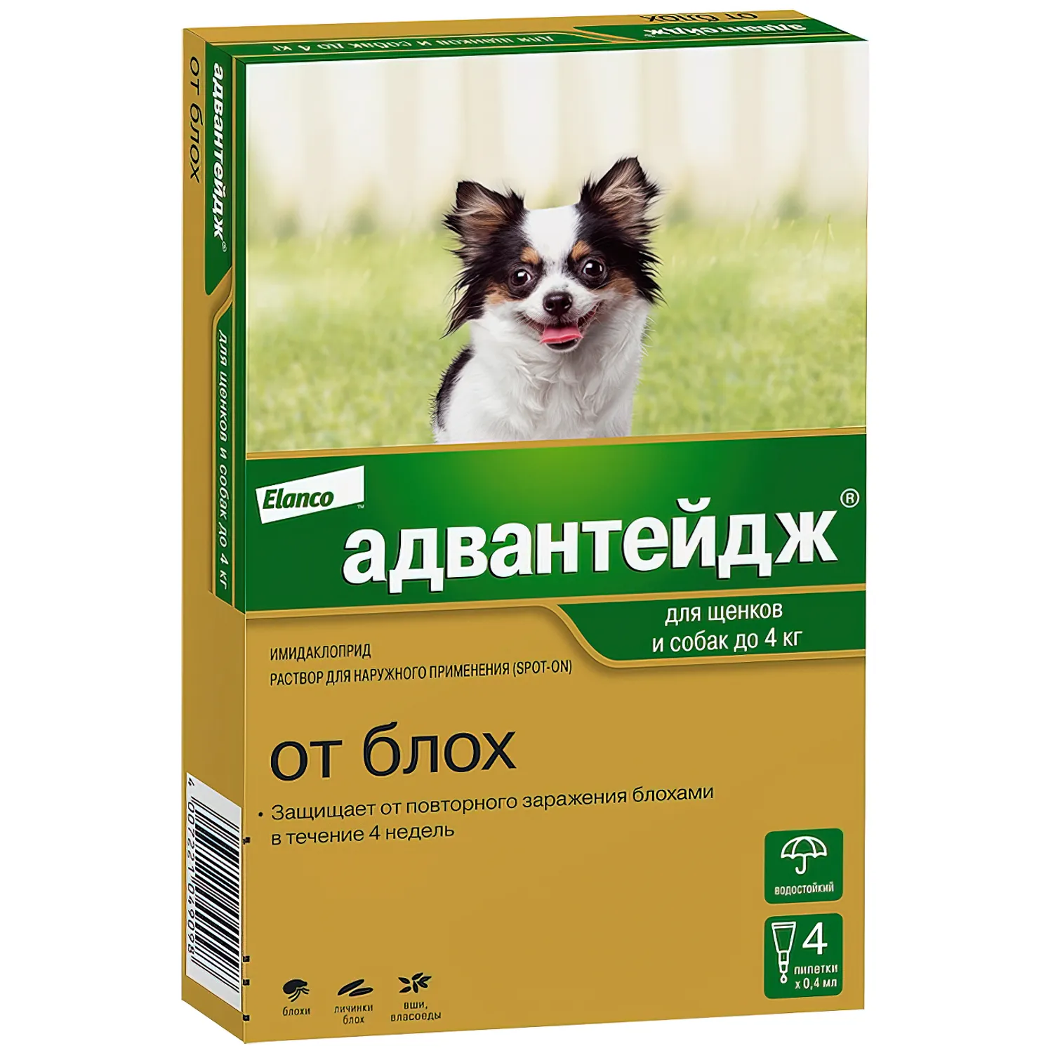 Bayer Адвантейдж 40 капли для собак до 4 кг от блох (4 пипетки х 0,4 мл)