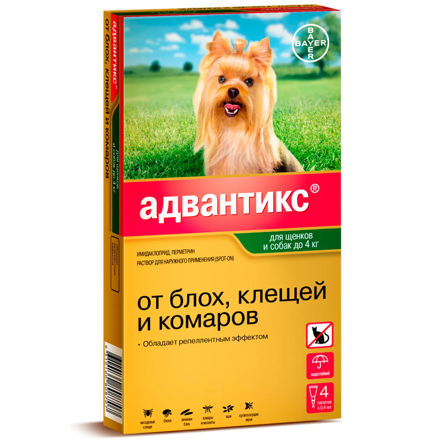 Bayer Адвантикс  40 С для собак до 4 кг от блох, клещей и комаров (4 пипетки х 0,4 мл)