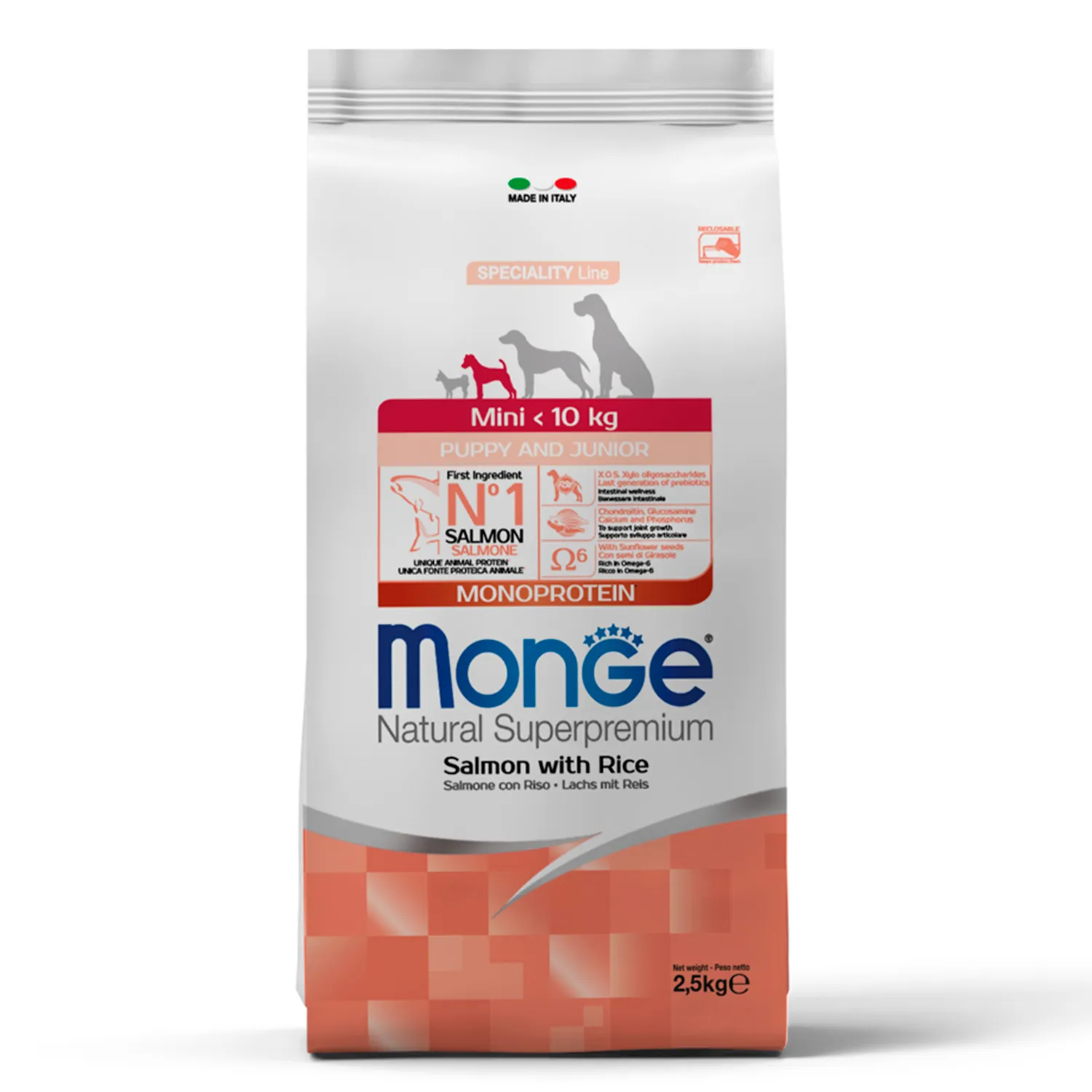 Сухой корм Monge Dog Speciality Line Monoprotein для щенков мелких пород, из лосося с рисом 2,5 кг