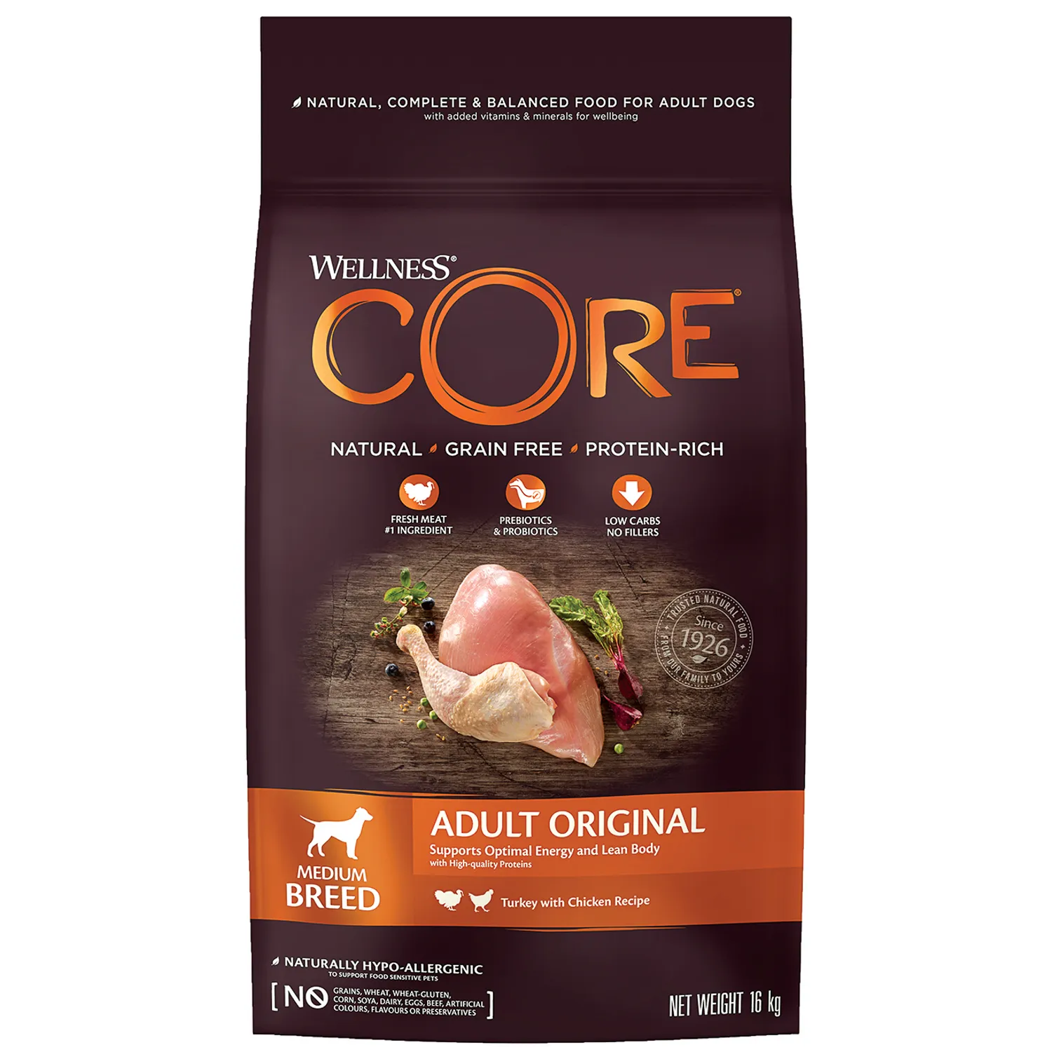 Сухой корм CORE PFB для взрослых собак средних пород из индейки с курицей 16 кг
