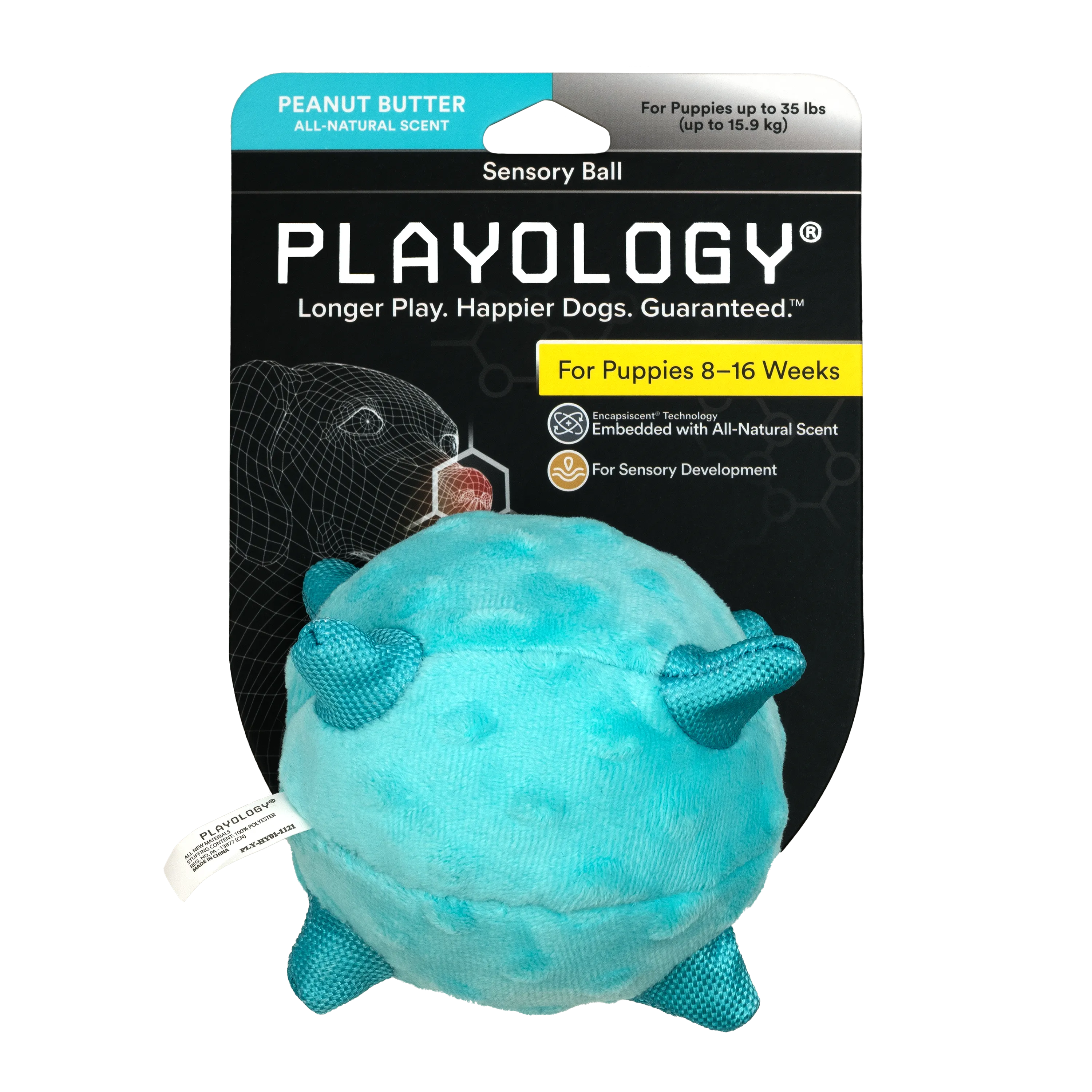 Сенсорный плюшевый мяч Playology PUPPY SENSORY BALL 11 см для щенков мелких и средних пород 8-16 недель с ароматом арахиса, цвет голубой
