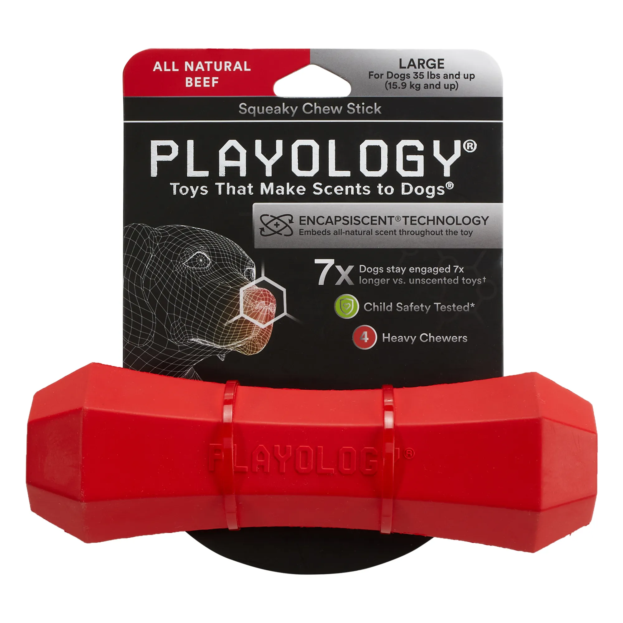 Playology  жевательная палочка SQUEAKY CHEW STICK для собак средних и крупных пород с ароматом говядины, большая, цвет красный